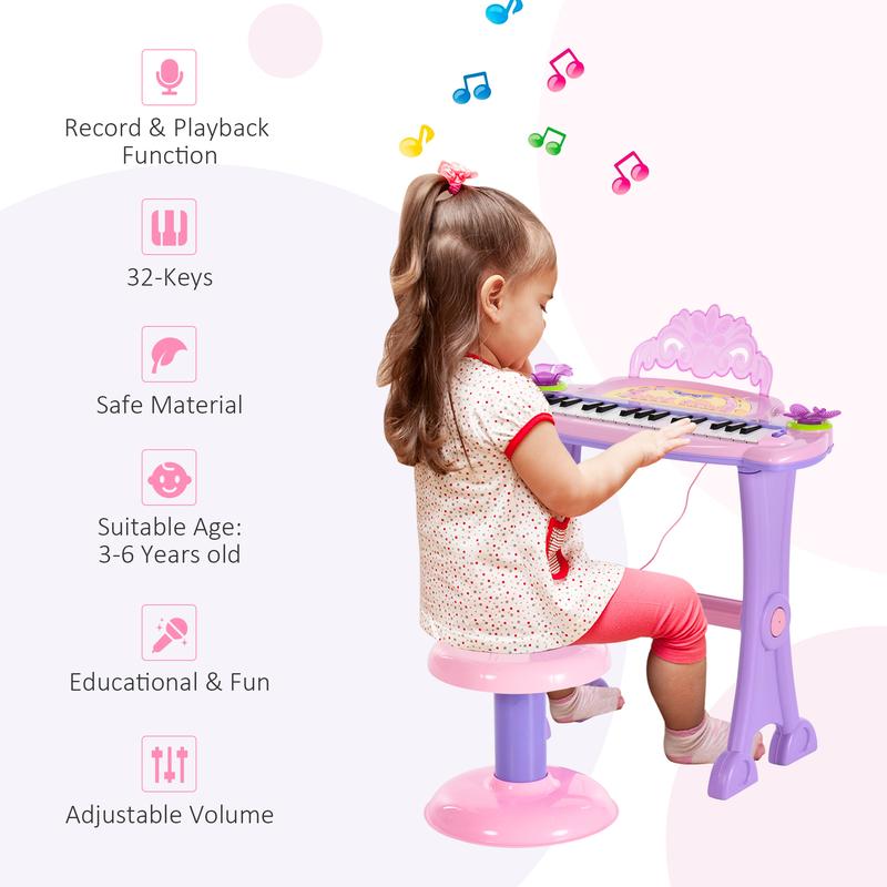 Qaba 32-Key Princess Electronic Toy Piano for Kids, Educational Keyboard Piano with Stool, MP3, Record, Flashing Lights, Microphone for 3-6 Years