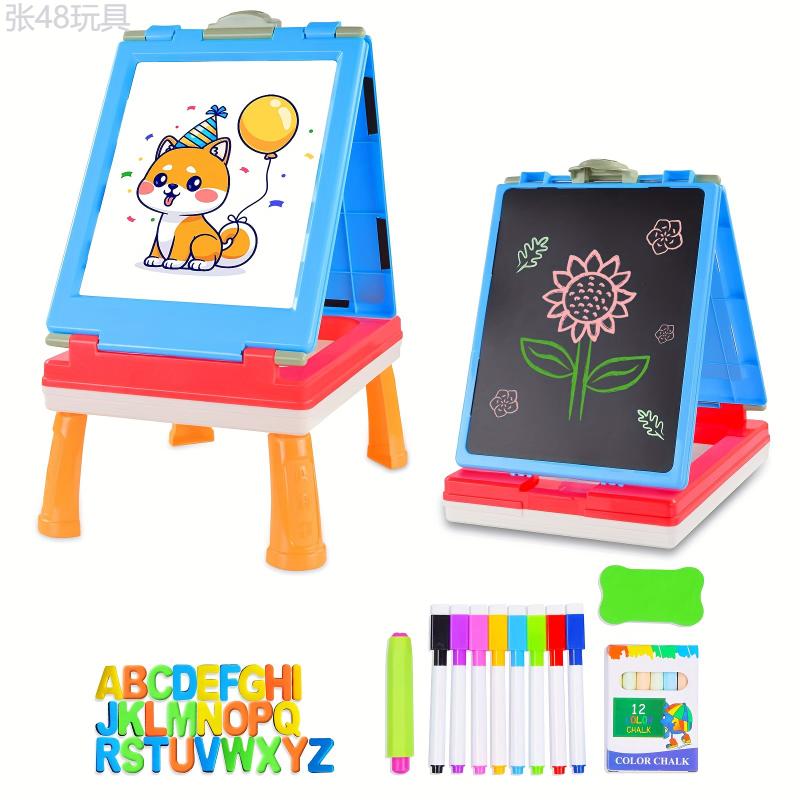 For 3 4 5 6 7 Year Old Boys Girls, Blue Tabletop Easel, AyeKu Easel For Kids -Comes With Chalkboard, Magnetic Whiteboard Letters And More