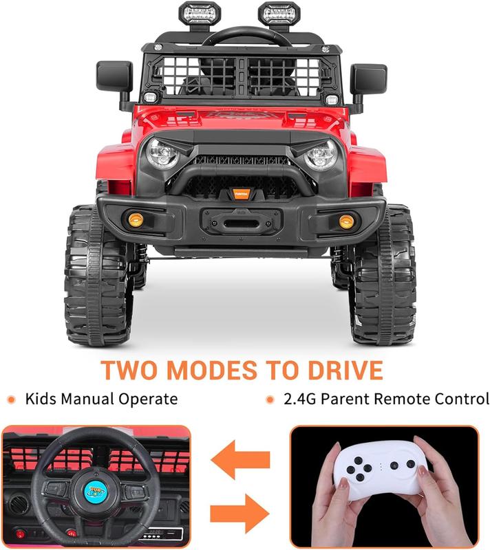 FUNTOK 12V Kids Electric Ride On Car Jeep with Remote Control 3 Speeds, LED Lights, Radio, AUX USB MP3 Music, Openable Doors & Suspension, Electric Car Vehicle for Toddlers & Kids