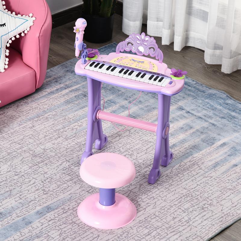 Qaba 32-Key Princess Electronic Toy Piano for Kids, Educational Keyboard Piano with Stool, MP3, Record, Flashing Lights, Microphone for 3-6 Years