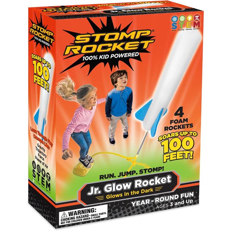 Stomp Rocket Jr Glow Rocket Launcher for Kids - 4 Glow-in-The-Dark Rockets - Outdoor Fun Toy Gift for Boys & Girls - STEM Soft Foam Blaster Set Soars Up to 100 Feet - Ages 3 & Up