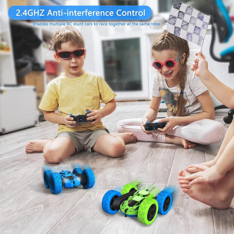 Remote Control Car for 6-12 Year Old Double Sided 360Rotating 4WD RC Cars with Headlights 2.4GHz Electric Rechargeable Race Stunt Toy Car for Boys Girls Birthday (Blue&Green)