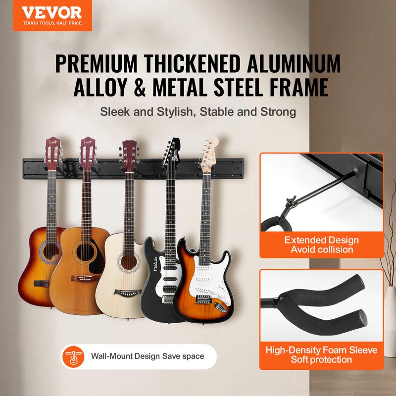 VEVOR 5-Space Guitar Stand, Hold Up to 5 Guitars, Wall-Mounted Multiple Guitars Display Foldable Rack with 270° Rotatable Hooks Aluminum Panels Installation Handle, for Guitar Acoustic Electric Bass