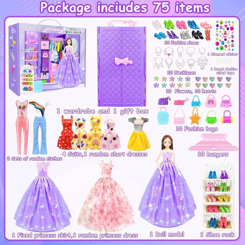 Christmas gift 75Pcs Doll Clothes and Accessories with Doll Closet for 11.5 Inch Doll Dress up Set with 1 Doll Fashion Dresses Outfits Tops and Pants Shoe Rack Bags Gift Toy for Girls 4 5 6 7 8 9 10 Years