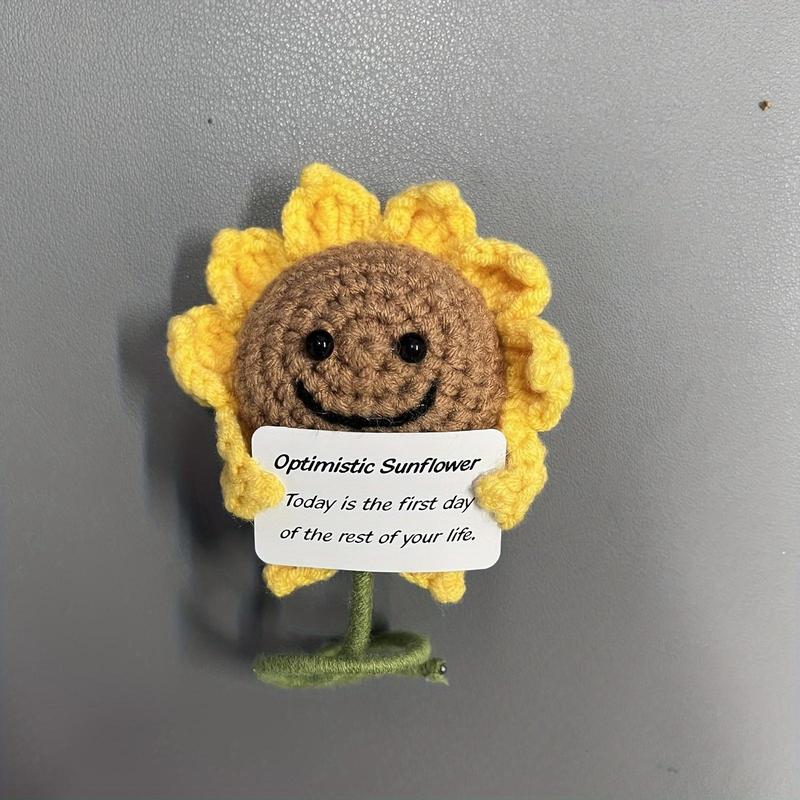 Creative Funny Positive Sunflower, Handmade Crochet Sunflower Doll, Cute Positive Sunflower with Card, Home Decor Ornaments, Cheer Up Gifts