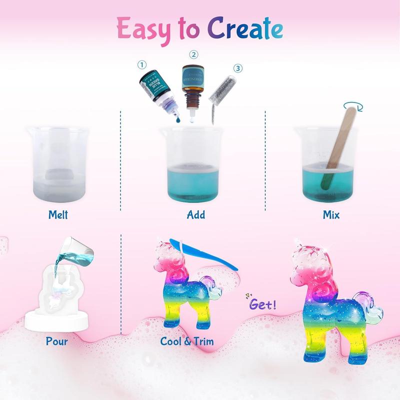 Unicorn Soap Making Kit Arts and Crafts for Kids Ages 6+ - Fun Christmas Easter Birthday Gifts for 6 7 8 9 10 11 12 Year Old Girl with 20 Soap Bases, 5 Molds, 6 Colors - Girl Unicorn Toys Science Kits