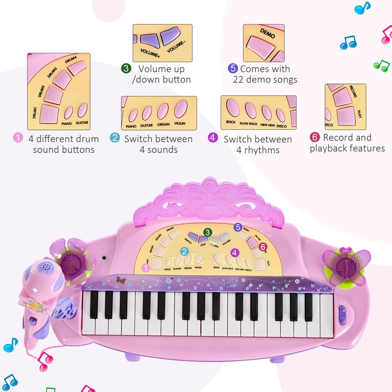 Qaba 32-Key Princess Electronic Toy Piano for Kids, Educational Keyboard Piano with Stool, MP3, Record, Flashing Lights, Microphone for 3-6 Years