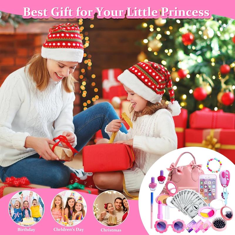 Christmas gift Play Purse for Little Girls, 31 Pcs Kids Toy Purse, Pretend Play Purse Set with Handbag, Makeup Kit, Wallet, Sunglasses, Phone, Car Keys and Credit Cards for 3-6 Year Old Girls Birthday Gift