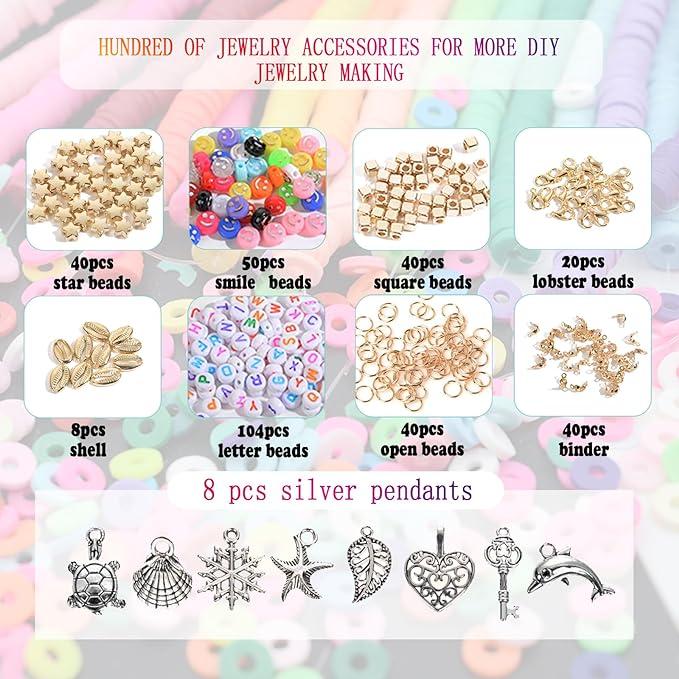 Clay Beads for Jewelry Making Bracelet Kit,Flat Round Polymer Heishi Clay Beads with Pendant and Jump Rings Letter Beads for Bracelets Necklace Earring DIY Craft-24 Colors 6mm