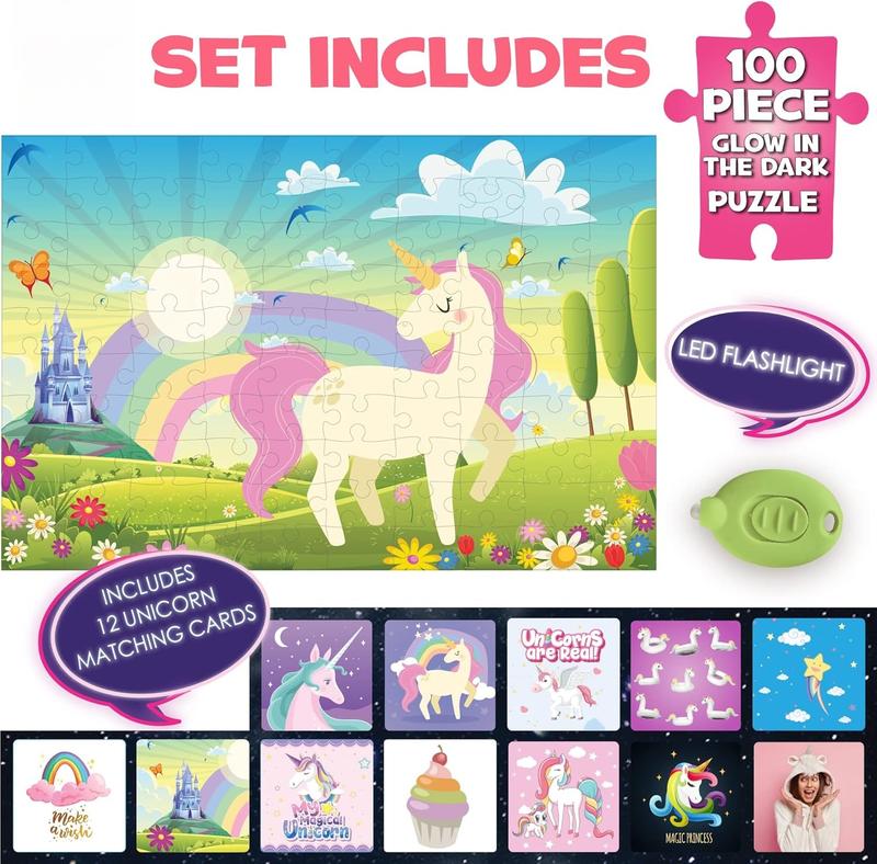 100 count Unicorn Puzzle Glow-in-The-Dark Puzzle for Kids Girls & Boys, Birthday Gift w Bonus Memory Matching Cards & LED Flashlight, Jigsaw Puzzles for Kids Ages 5 6-8 10-12 Years Old and Up