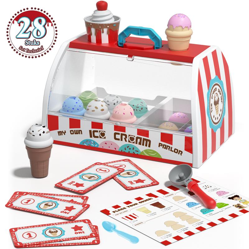 28Pcs Ice Cream Toys for kids, Pretend Play Food Toys for Girls, Ice Cream Shop Counter Playset, Birthday Gift for Girl Boy, Learning Education Toy