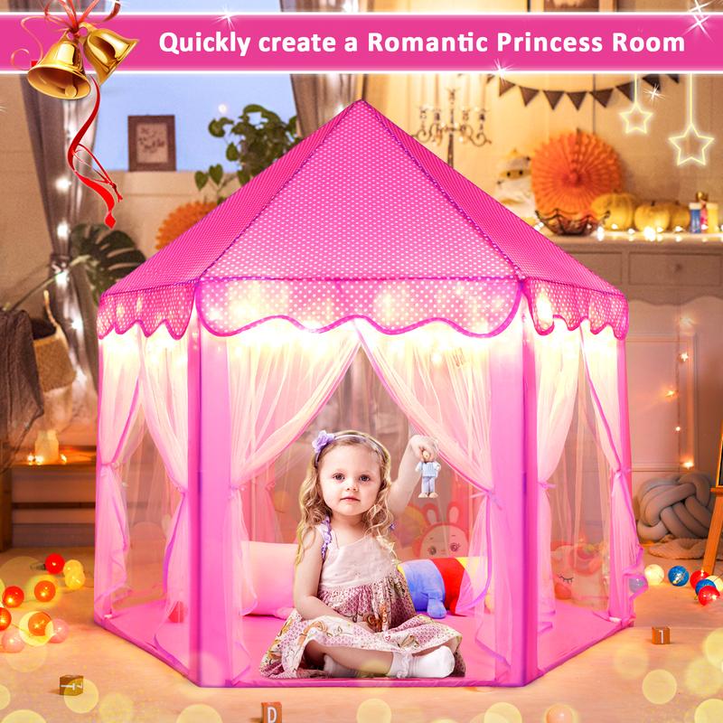 Princess Castle Tent for Girls Large Hexagon Playhouse with Star Lights Indoor and Outdoor Kids Magical Game House