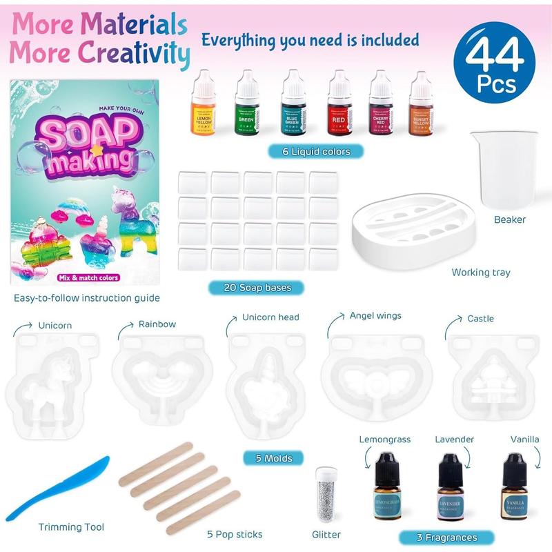 Unicorn Soap Making Kit Arts and Crafts for Kids Ages 6+ - Fun Christmas Easter Birthday Gifts for 6 7 8 9 10 11 12 Year Old Girl with 20 Soap Bases, 5 Molds, 6 Colors - Girl Unicorn Toys Science Kits