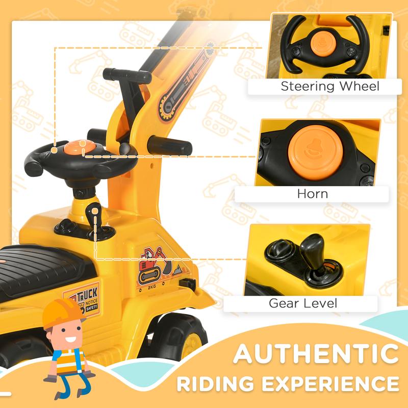 HOMCOM Ride On Excavator Pull Cart, Kids Digger Ride on Truck with Horn, Under Seat Storage, Sit and Scoot Pretend Play Toy Construction Car for Ages 18M+