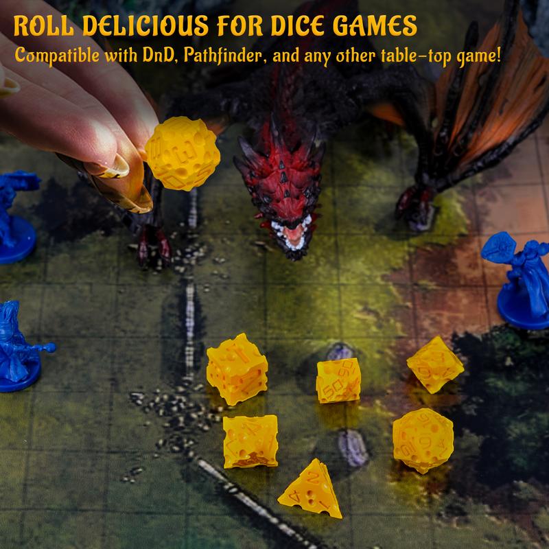 DND Cheese Dice 3D Printed 7PCS Polyhedral Food Themed Dice Set Great for Dungeons and Dragons, Pathfinder, Tabletop RPG,  Game