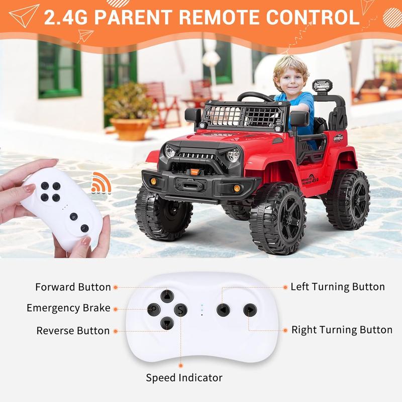 FUNTOK 12V Kids Electric Ride On Car Jeep with Remote Control 3 Speeds, LED Lights, Radio, AUX USB MP3 Music, Openable Doors & Suspension, Electric Car Vehicle for Toddlers & Kids