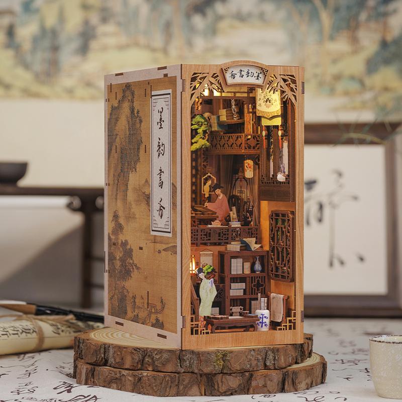 CUTEBEE DIY Book Nook Kit with Dust Cover, DIY Miniature Wooden Dollhouse Bookshelf Insert Kit Booknook 3D Bookend Stand Bookcase Model Build Creativity Toy Kit Decor Gift with LED Light (Ink Rhyme Bookstore)