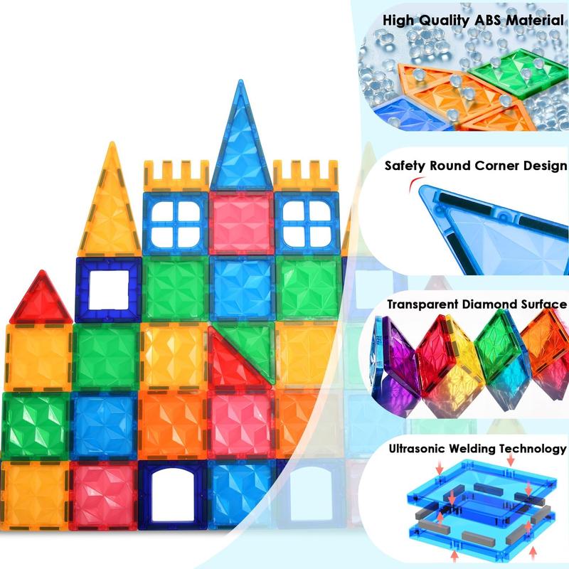 AFUNX Magnetic Tiles, 102PCS Magnet Building Blocks with 2 Cars, 3D Diamond Magnetic Blocks, Construction Stem Toys for Kids, Educational Toys for Boys Girls Ages 3 4 5 6 7 8 (102 PCS) building  kits magnetic blocks construction toy