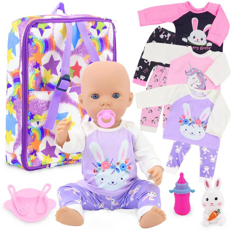 American 18 Inch Doll Backpack Carrier and Clothes, Baby Doll Playset for 17 Inch Doll with Doll Backpack Carrier Bag, Doll Clothes Sets and Accessories for 16 Inch Baby Doll (No Doll)