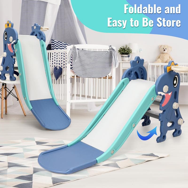 Toddler Slide for Age 1-3 Baby Indoor Outdoor Playset Plastic Foldable Slides for Kids Backyard Climber Set with Stairs Basketball Hoop and Ball for Boys and Girls