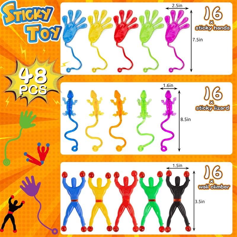 LovesTown 48PCS Sticky Toys for Kids, Stretchy Sticky Toys Including 16PCS Sticky Wall Climbers 16PCS Sticky Hands 16PCS Stretchy Lizards for Kids Goodie Bag Stuffers Treasure Box Classroom Prize