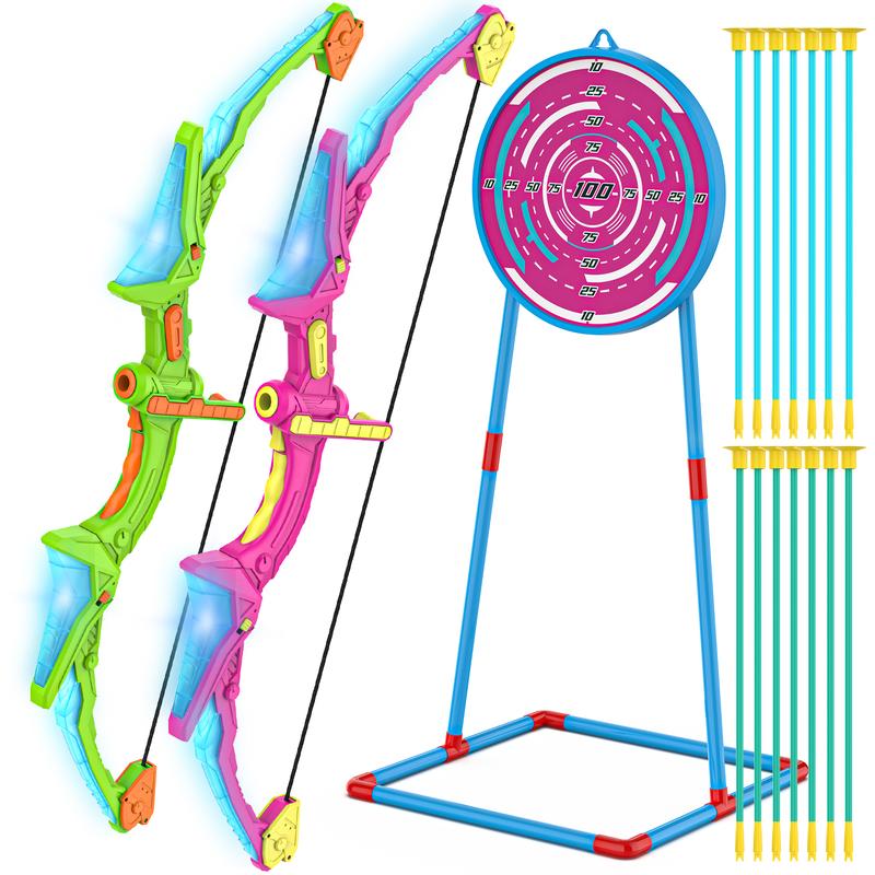 2 Pack Kids Bow and Arrow Set with LED Flash Lights, 14 Suction Cup Arrows and Fluorescence Standing Target-Perfect Indoor and Outdoor Archery Set Toy Gift for Boys and Girls Ages 4-12