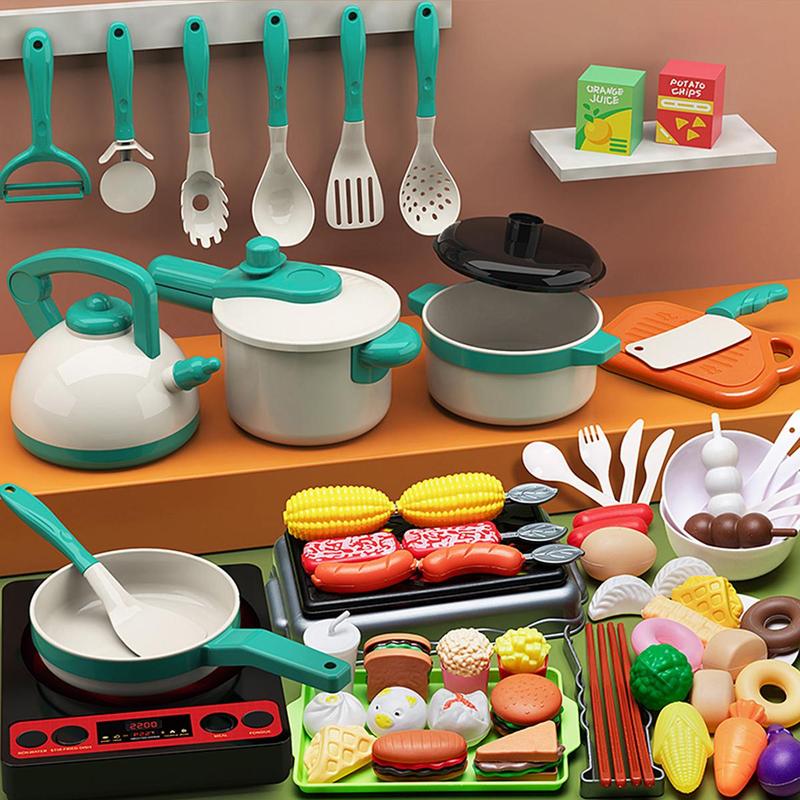 Pretend Play Kitchen Toy Set, 73pcs set Including Pot, Utensils, Food, Cooking Toy Set, Kitchen Playset, Gift for Boys & Girls