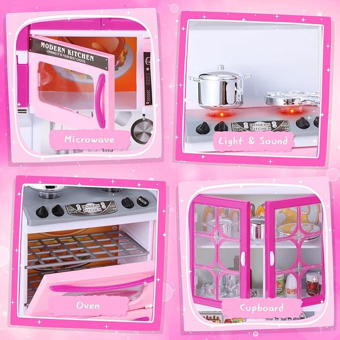 56 pcs Girls Dolls Mini Kitchen Pretend Toys, Dolls with Realistic Lights and Sounds, Best Christmas Gifts for Kids