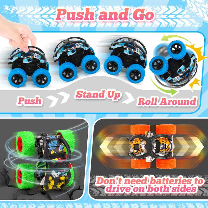 Toy Cars, 4 Pcs Monster Truck Toys Vehicles Push and Go Flip Stunt Car, Race Cars Party Favors for Goodie Bag Prizes Box Christmas Birthday Gifts