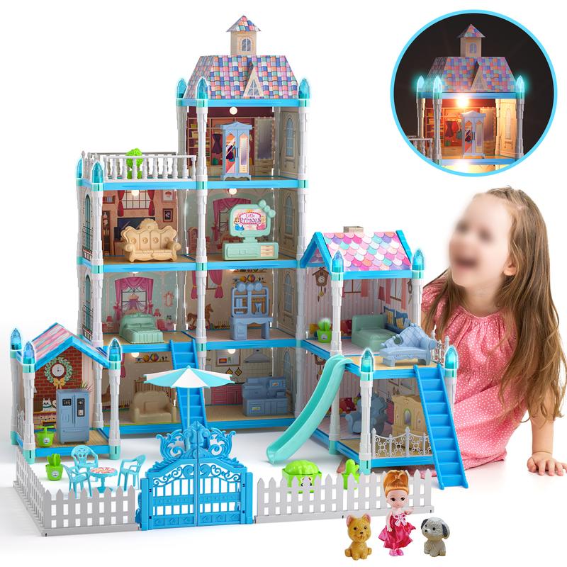 Dollhouse for Girls, 11 Rooms Huge Doll House with LED Lights, Noctilucent, 1 Doll, 2 Dogs, Furnitures, Pretend Play Toys for Girls, Best Birthdays Christmas Gift for Girls