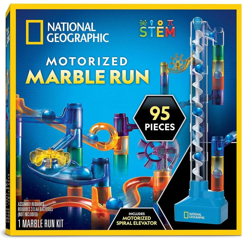 National Geographic Marble Run with Motorized Elevator - 95-Piece Marble Maze Kit with Motorized Spiral Lift, 20 Marbles, Storage Bag & More, Perpetual Motion Machine, Marble Game, Kids Physics Toys