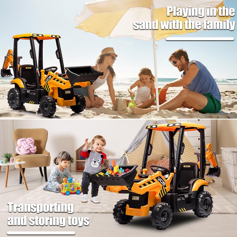 Segmart 12V Kids Ride on Backhoe Digger Toy Cars, JCB Battery Powered Electric Tractor with Remote Control, Ride on Construction Truck w Adjustable Front and Back Loader for 3-6 Boys Girls