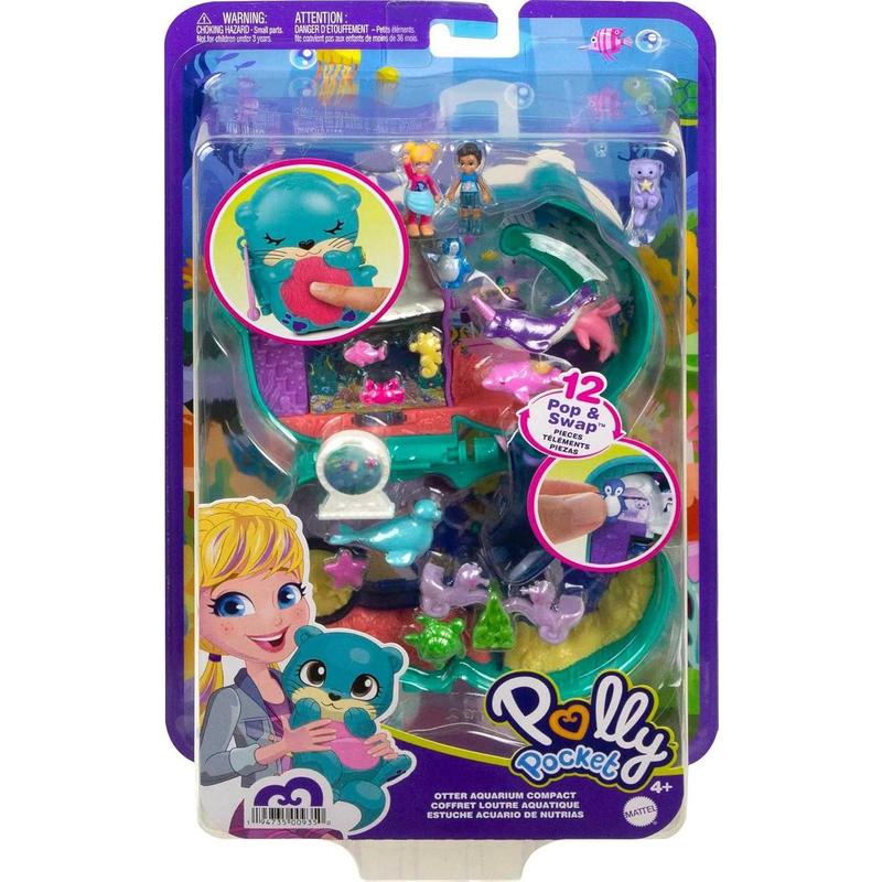 Polly Pocket Compact Playset, Otter Aquarium with 2 Micro Dolls & Accessories, Travel Toys with Surprise Reveals ( Exclusive)