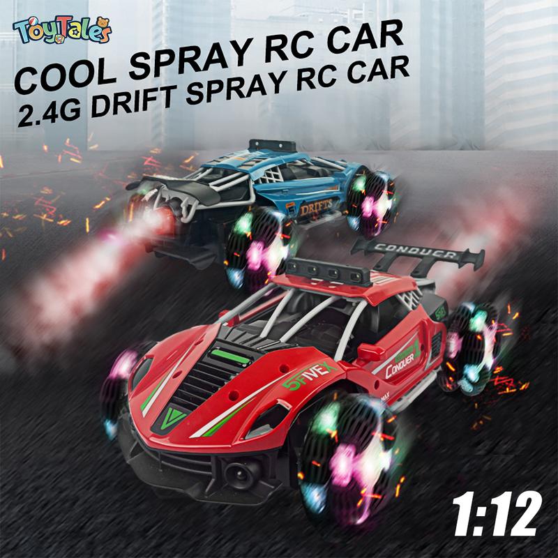 1:12 Remote Control Spray Four-wheel Drive Drift Racing Car RC High-speed with Rechargeable Battery Music Light 2.4 GHz six Channel 360-degree Flips Rotating Boy Children's Toy Car