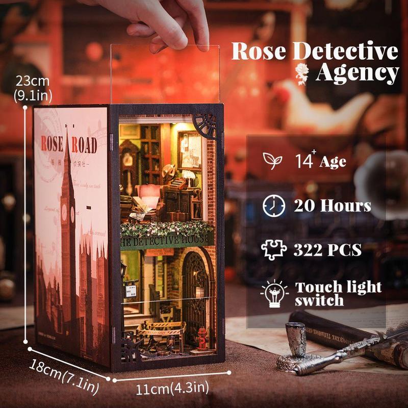 CUTEBEE DIY Book Nook Kit DIY Wooden Miniature House Dollhouse Kit Bookshelf Insert Decor Booknook Bookcase Model Build Creativity Gift Kit Decor Alley with LED Light (Rose Detective Agency)