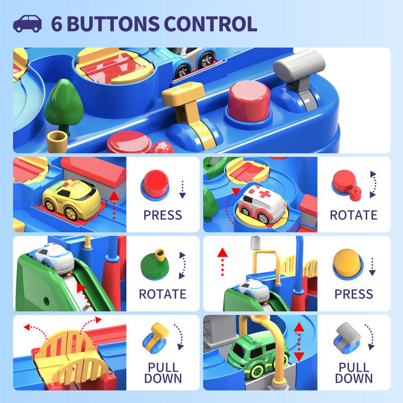 Race Adventure Car Tracks Rescue Toys with 4 Mini 6 Buttons,Christmas Gift, Birthday Gift