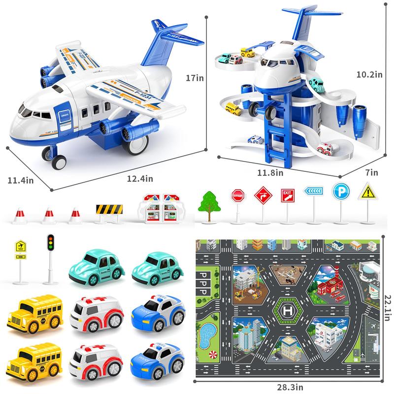 Christmas GiftAirplane Toys Race Track Car Toys  - Transport Plane Adventure Car Toys for with 8 City Cars, Garage Parking Lot Playmat, Birthday Gift