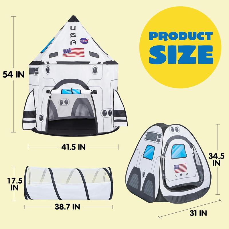 Christmas 2024 Gifts White Rocket Ship Pop up Play Tent with Tunnel and Playhouse Indoor Outdoor Spaceship Tent Set