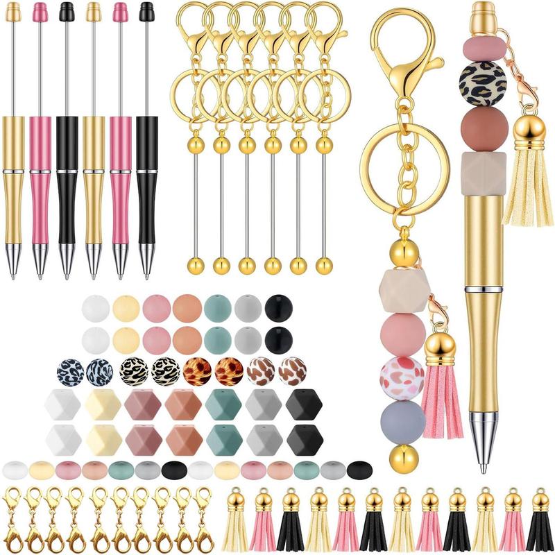 DIY Christmas Jewelry Making Kit, 49pcs set Keychain Beading Kit, Including 2 Golden Keychains, 4 Bead Pens, 25pcs Silicone Beads, 12pcs Tassels & 6 Lobster Clasps, DIY Jewelry Crafting Kit, Thanksgiving Christmas Gift Set