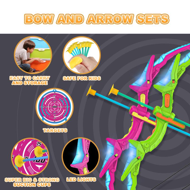 2 Pack Kids Bow and Arrow Set with LED Flash Lights, 14 Suction Cup Arrows and Fluorescence Standing Target-Perfect Indoor and Outdoor Archery Set Toy Gift for Boys and Girls Ages 4-12