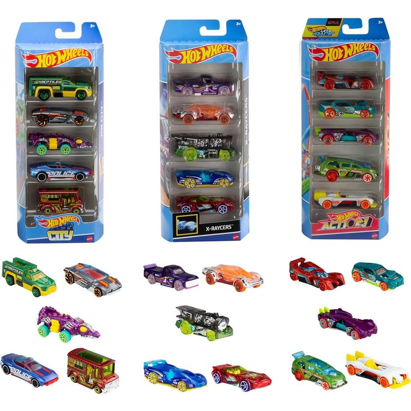 Hot Wheels Toy Cars, Bundle of 15 1:64 Scale Vehicles, Includes 3 5-Packs with Different Themes: HW City, X-Raycers & Track Pack [ Exclusive]