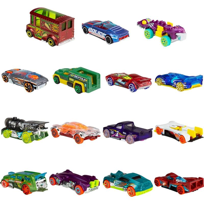 Hot Wheels Toy Cars, Bundle of 15 1:64 Scale Vehicles, Includes 3 5-Packs with Different Themes: HW City, X-Raycers & Track Pack [ Exclusive]