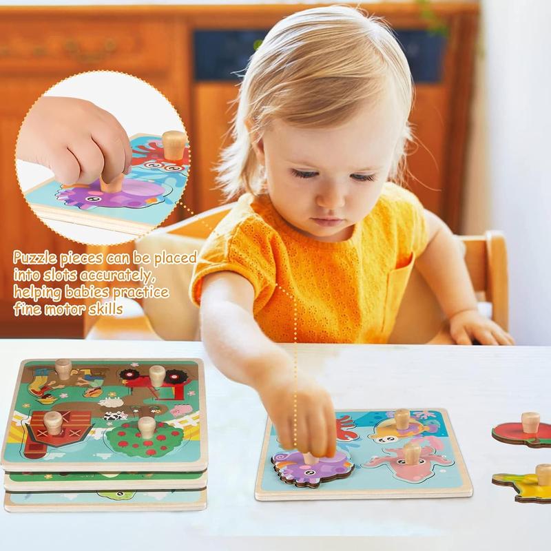 Wooden Toddler Puzzles,  Peg Puzzles Gifts Toys, 4 count Eco Friendly Animal Patterns Jigsaw with Handles, Infant Kid Fine Motor Skill Learning Educational Montessori Puzzles for 1 2 3 Years Old