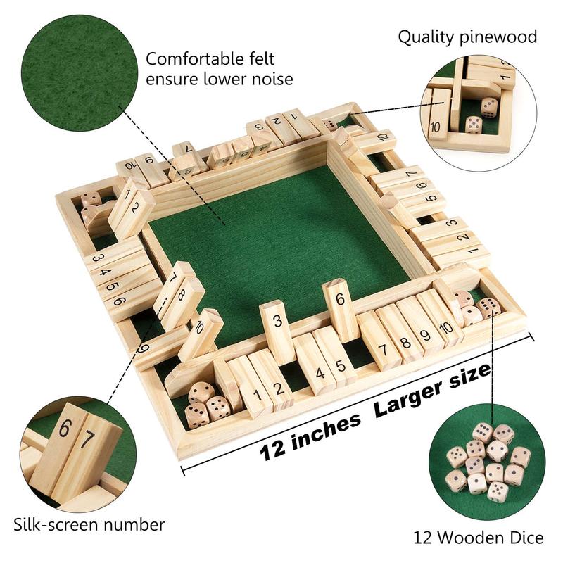 AMEROUS 1-4 Players Shut The Box Dice Game,Classic 4 Sided Wooden Board Game with 10 Dice and Instructions for Kids Adults, Tabletop Version