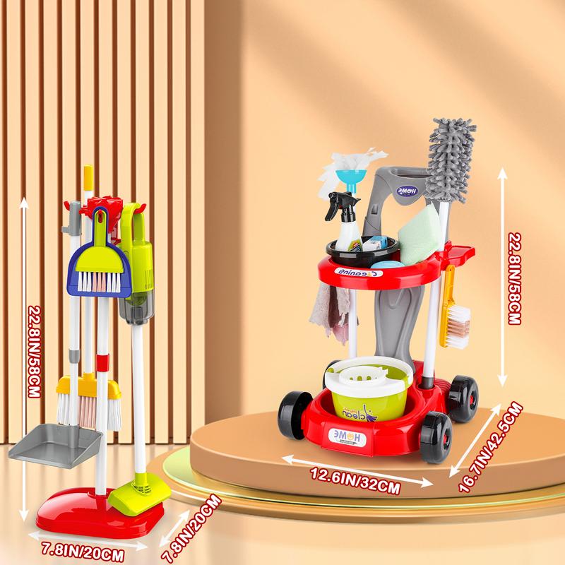 deAO Cleaning Toy Pretend Toy, household toys playset, cleaning cart toy with brooms accessories