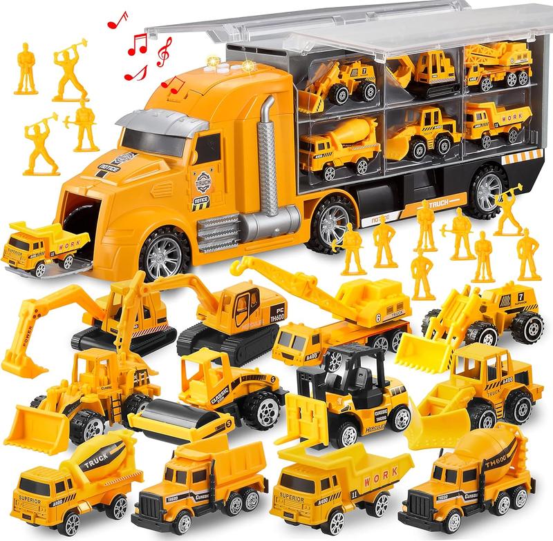  25 in 1 Construction Truck Vehicle Toy Set, Play Vehicles Set with Sounds and Lights in Carrier Truck, Push and Go Vehicle Car Toy, Kids Birthday Gifts for Over 3 Years Old Boys