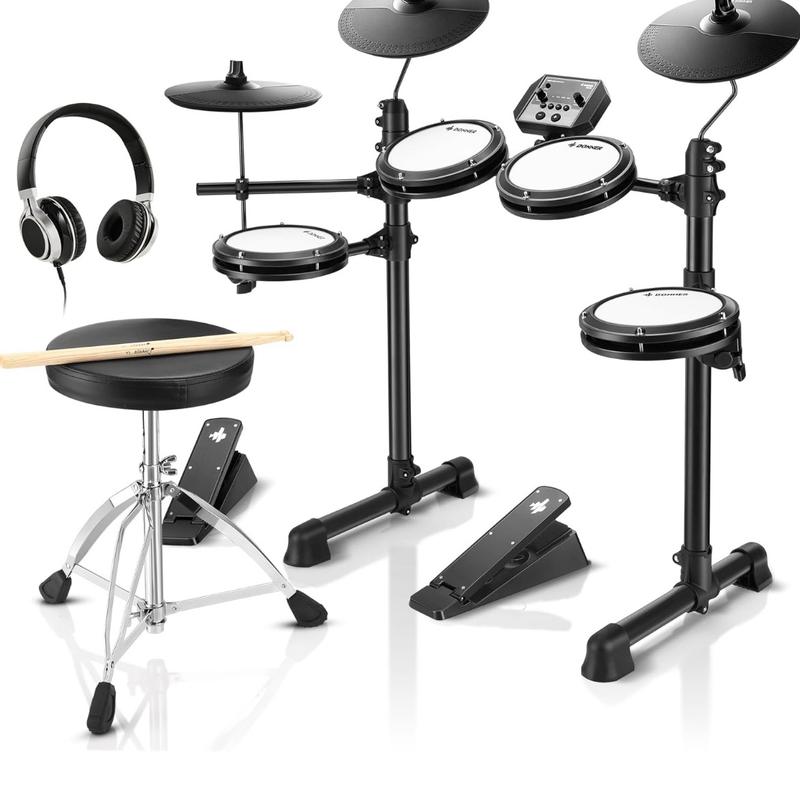 Donner DED-80 Electric Drum Kit, Electronic Drum Sets for Beginner with 4 Quiet Mesh Drum Pads, 2 Switch Pedal, 180+ Sounds, Throne, On-Ear Headphones, Sticks, and Melodics Lessons Included Black