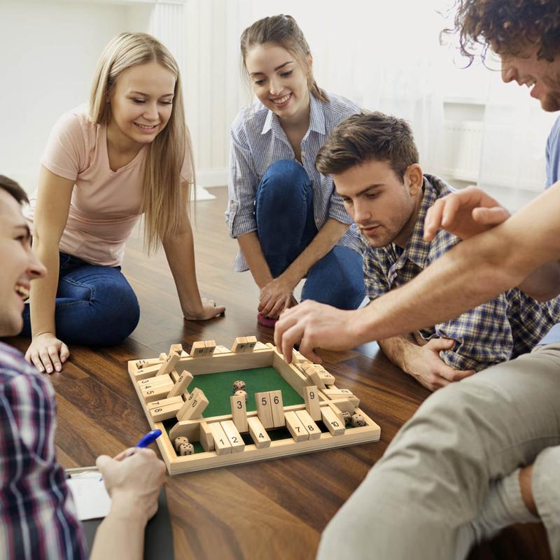 AMEROUS 1-4 Players Shut The Box Dice Game,Classic 4 Sided Wooden Board Game with 10 Dice and Instructions for Kids Adults, Tabletop Version