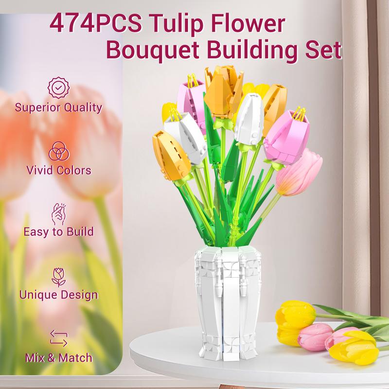 Educiro Tulip Flowers Bouquet Building Set Artificial Flowers Bonsai for Adults With Vase flowers for mother floral buildingset flower  blocks