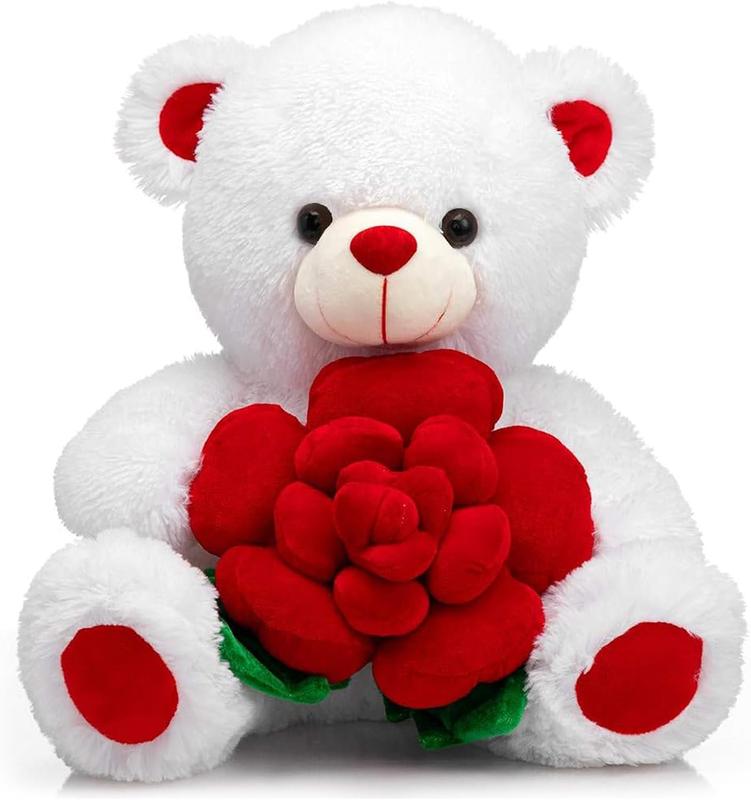 Teddy Bear Stuffed Animals Plush Bear Holding Rose Soft Plush Toy Valentine's Day, 16 Inch, White